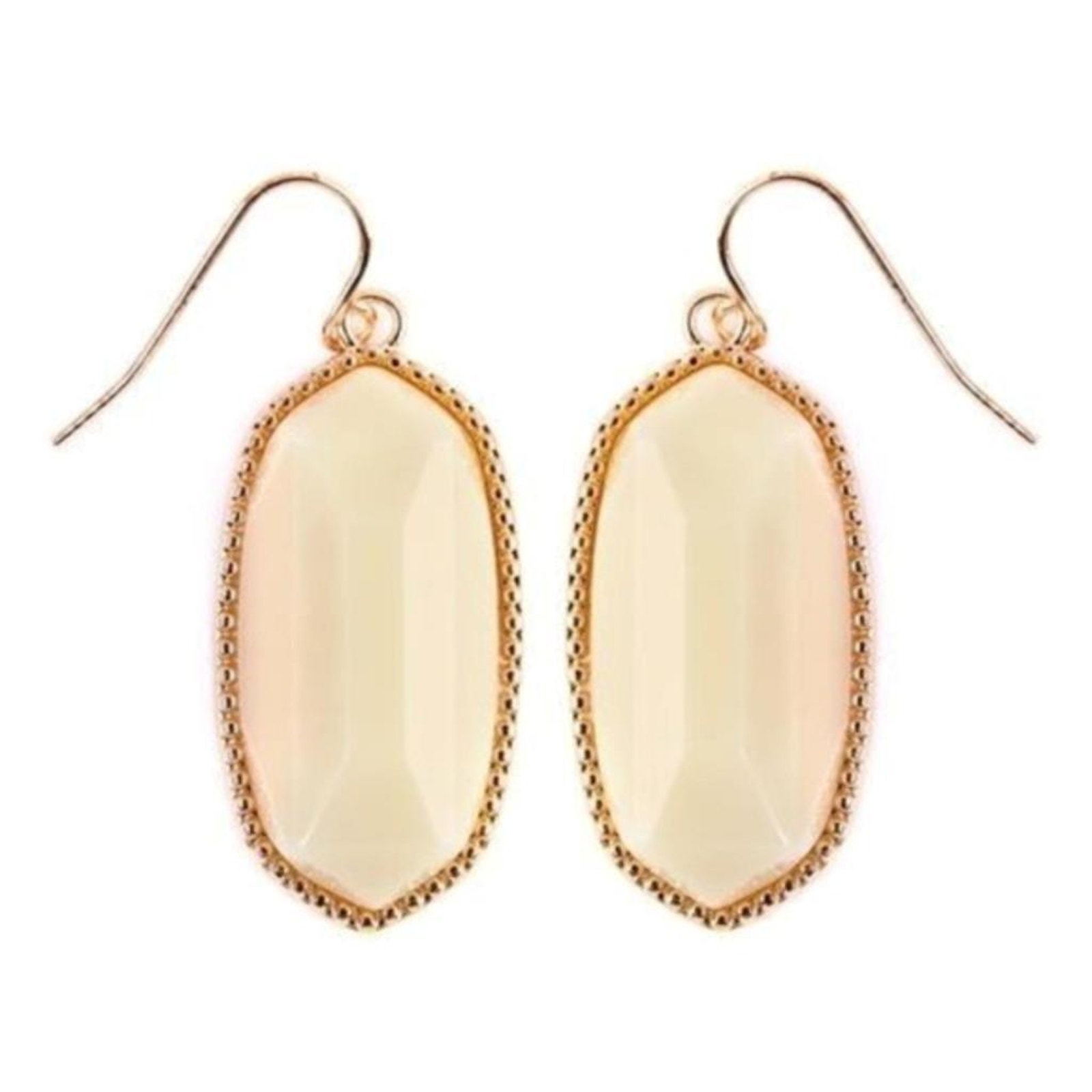 New Boutique Off White Stone Gold Trim Hexagon Dangle Drop Earrings